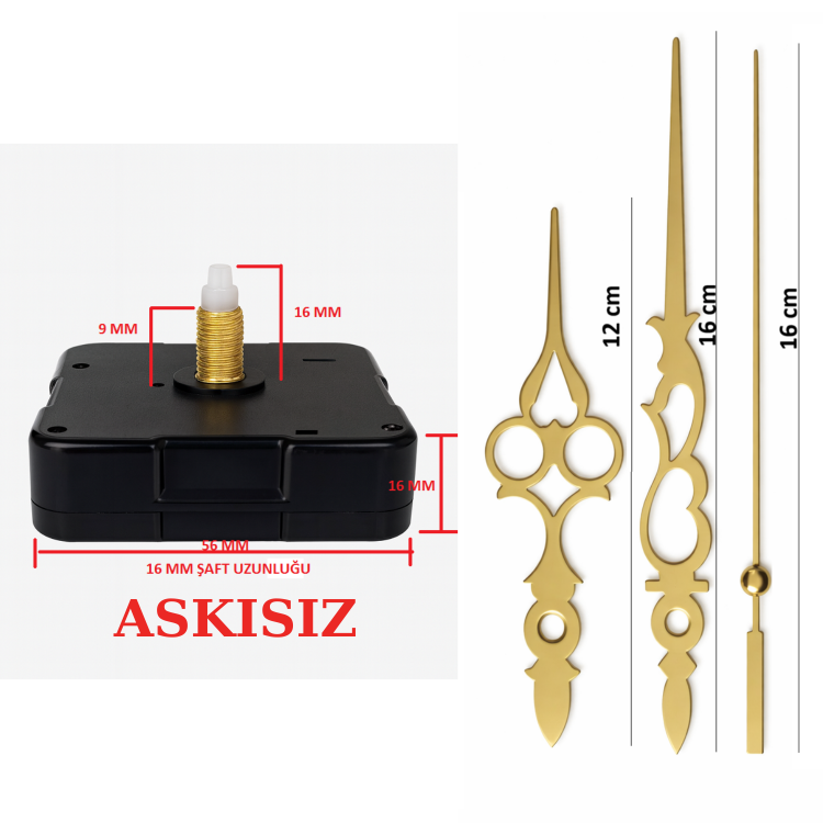 Askısız 16 mm Şaft Akar Sessiz Duvar Saati Mekanizması -Metal akrep-yelkovan-saniye