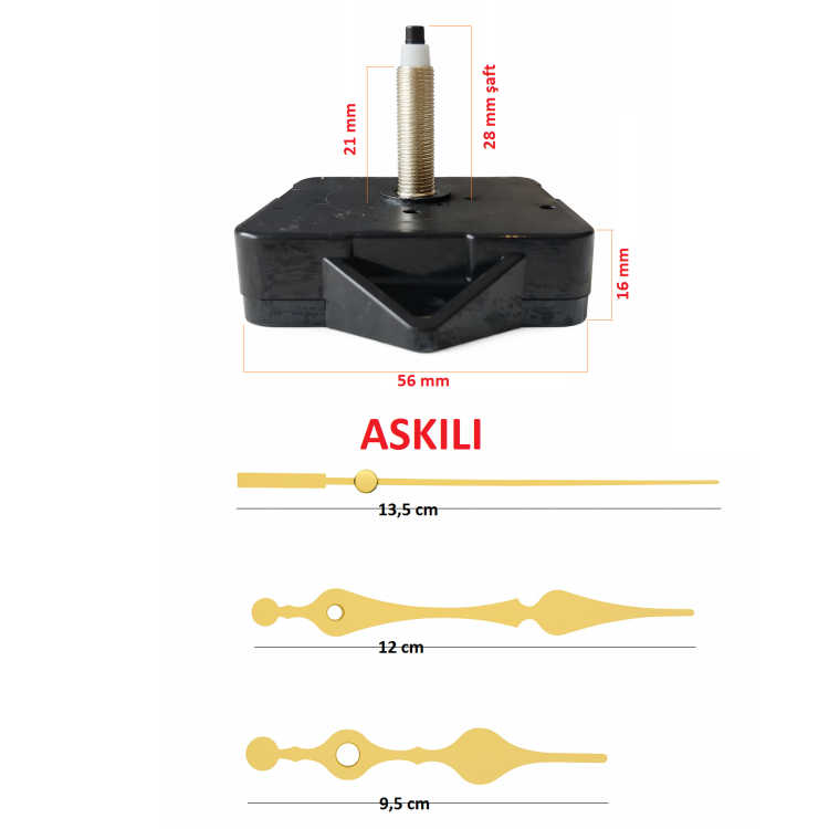 Askılı 28 mm Şaft  Akar Sessiz Duvar Saati Mekanizması -Metal akrep-yelkovan-saniye