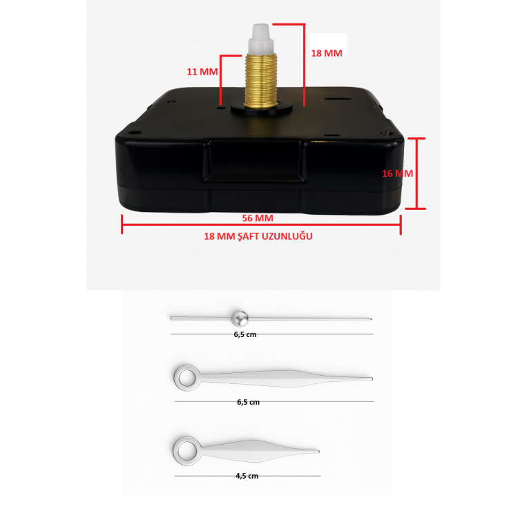 Askısız 18 mm Şaft Akar Sessiz Duvar Saati Mekanizması -Metal akrep-yelkovan-saniye