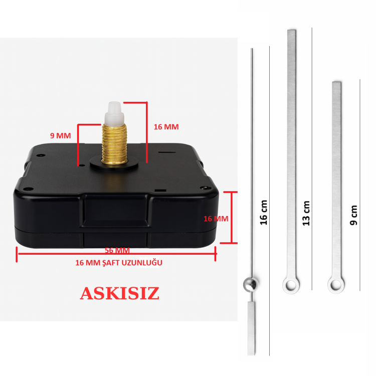 Askısız 16 mm Şaft  Akar Sessiz Duvar Saati Mekanizması -Metal akrep-yelkovan-saniye