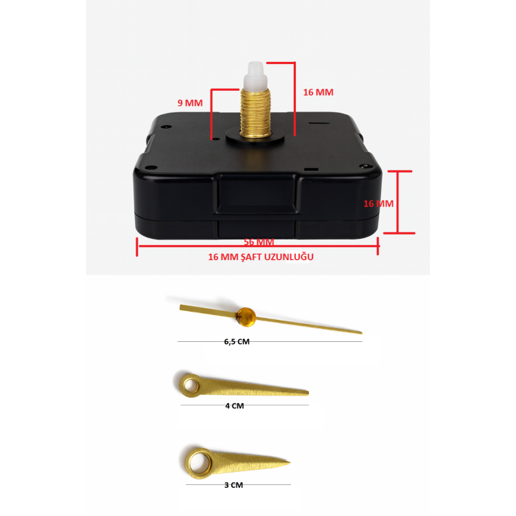 Askısız 16 mm Şaft Akar Sessiz Duvar Saati Mekanizması -Metal akrep-yelkovan-saniye