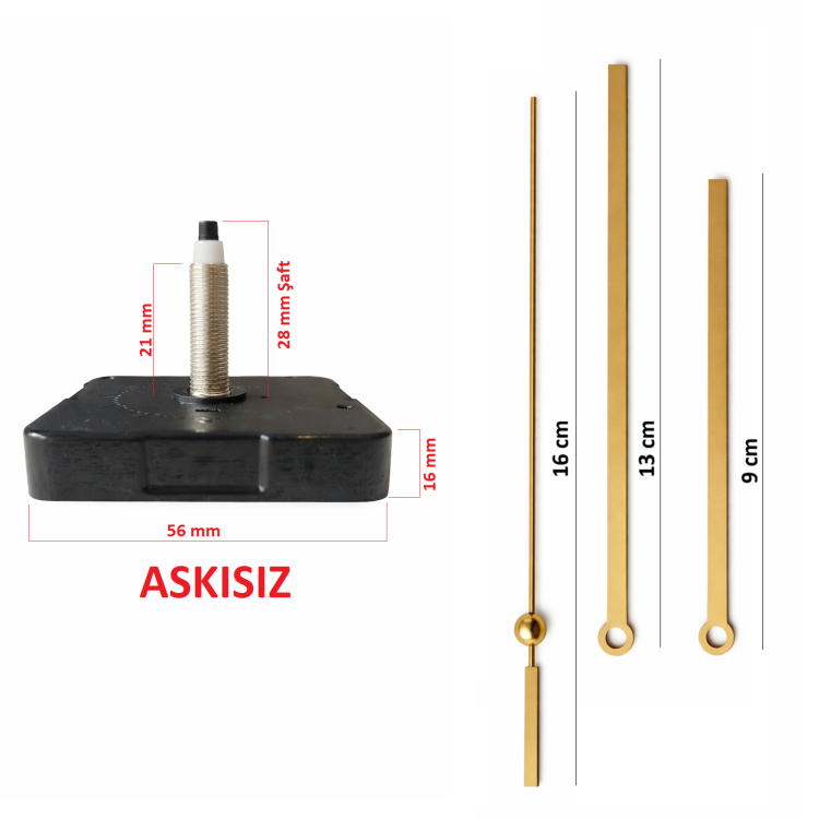 Askısız 28 mm Şaft  Akar Sessiz Duvar Saati Mekanizması -Metal akrep-yelkovan-saniye