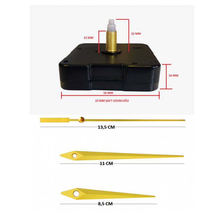 Askısız 22 mm Şaft  Akar Sessiz Duvar Saati Mekanizması -Metal akrep-yelkovan-saniye