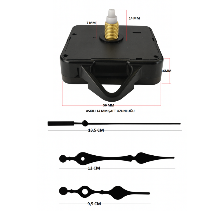 Askılı 14 mm Şaft Akar Sessiz Duvar Saati Mekanizması -Metal akrep-yelkovan-saniye