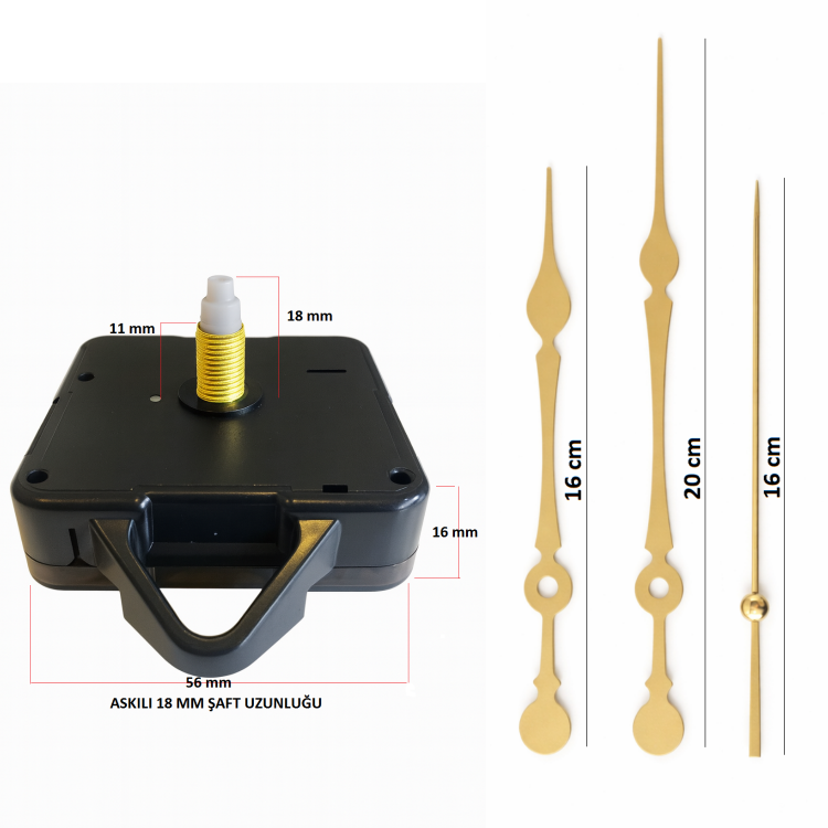 Askılı 18 mm Şaft Akar Sessiz Duvar Saati Mekanizması -Metal akrep-yelkovan-saniye