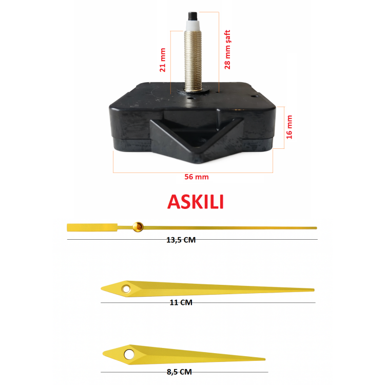 Askılı 28 mm Şaft  Akar Sessiz Duvar Saati Mekanizması -Metal akrep-yelkovan-saniye