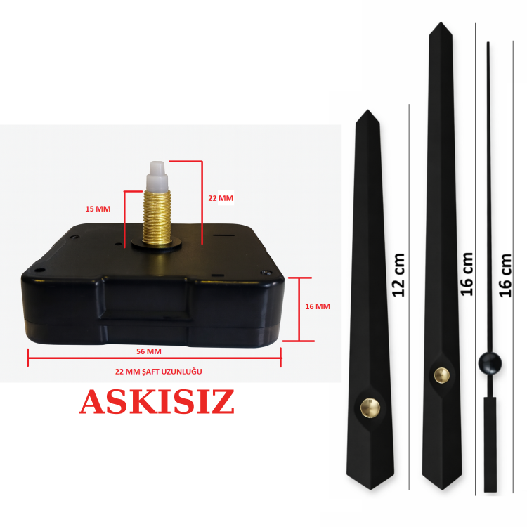 Askısız 22 mm Şaft Akar Sessiz Duvar Saati Mekanizması -Metal akrep-yelkovan-saniye