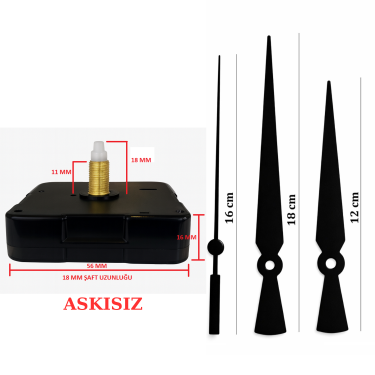 Askısız 18 mm Şaft  Akar Sessiz Duvar Saati Mekanizması -Metal akrep-yelkovan-saniye
