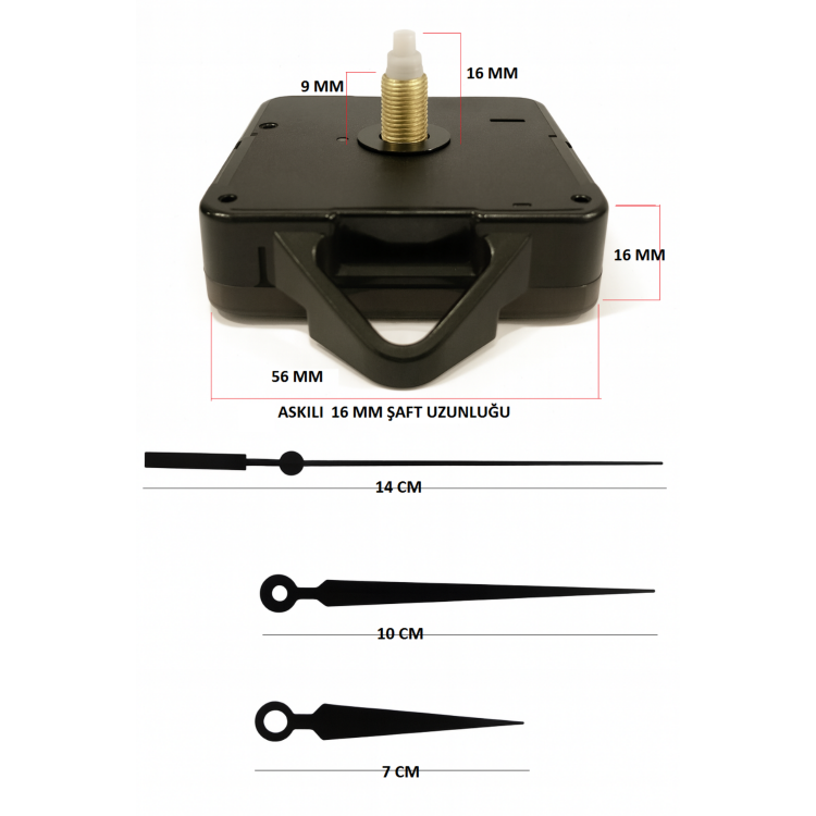 Askılı 16 mm Şaft Akar Sessiz Duvar Saati Mekanizması -Metal akrep-yelkovan-saniye