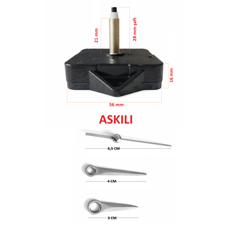 Askılı 28 mm Şaft  Akar Sessiz Duvar Saati Mekanizması -Metal akrep-yelkovan-saniye