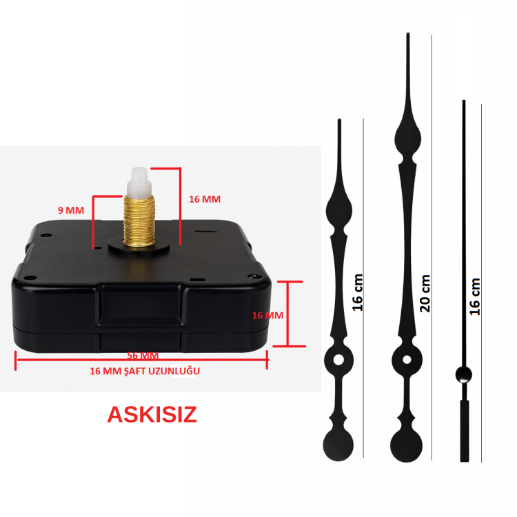Askısız 16 mm Şaft Akar Sessiz Duvar Saati Mekanizması -Metal akrep-yelkovan-saniye