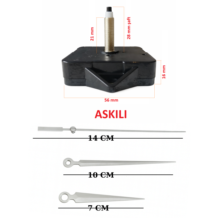 Askılı 28 mm Şaft  Akar Sessiz Duvar Saati Mekanizması -Metal akrep-yelkovan-saniye