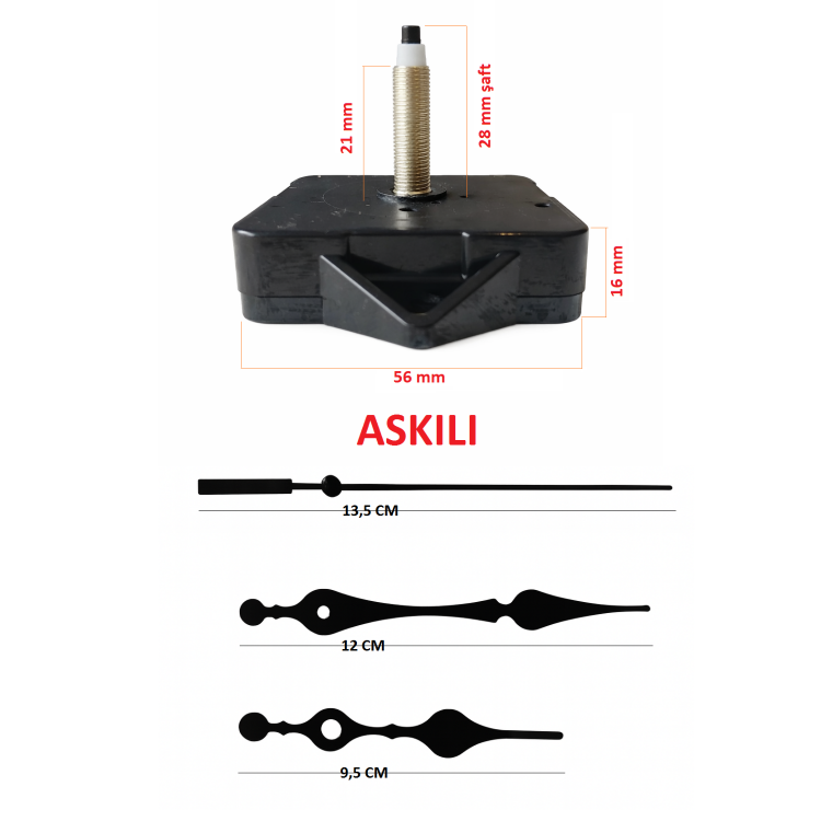 Askılı 28 mm Şaft  Akar Sessiz Duvar Saati Mekanizması -Metal akrep-yelkovan-saniye