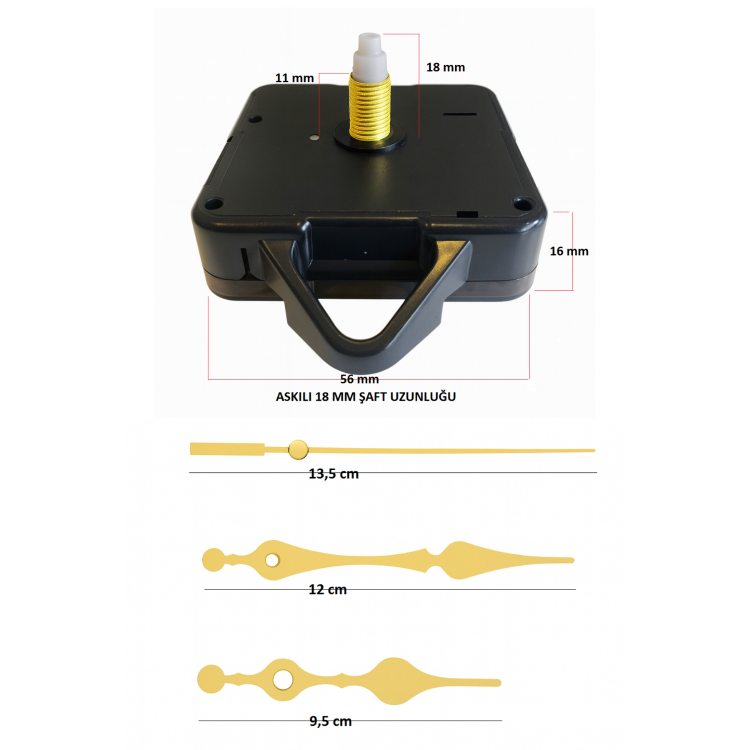 Askılı 18 mm Şaft Akar Sessiz Duvar Saati Mekanizması -Metal akrep-yelkovan-saniye