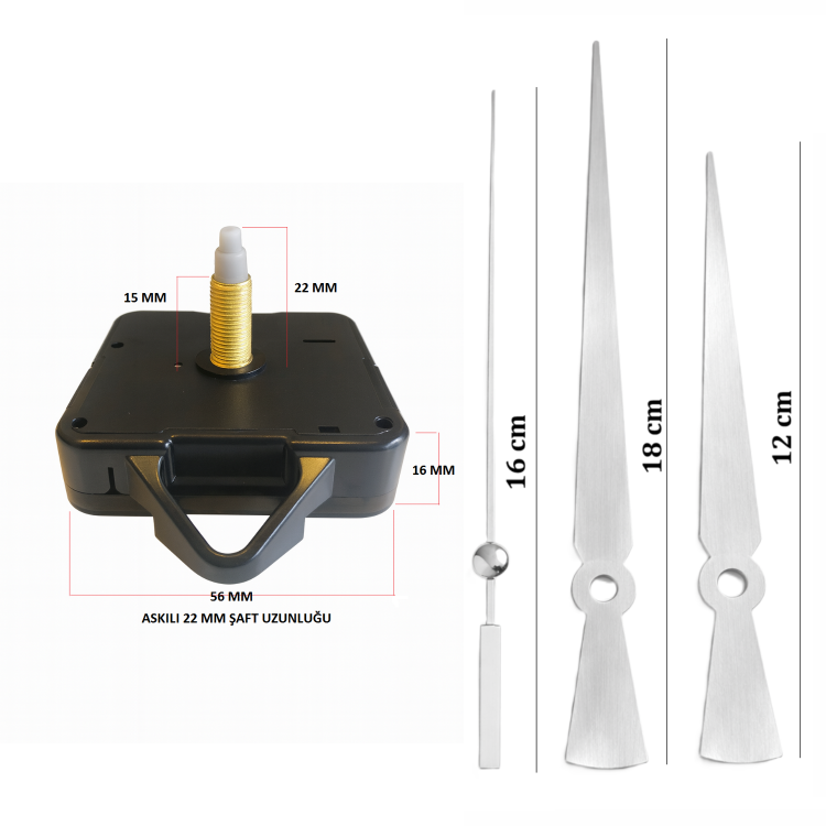 Askılı 22 mm Şaft  Akar Sessiz Duvar Saati Mekanizması -Metal akrep-yelkovan-saniye