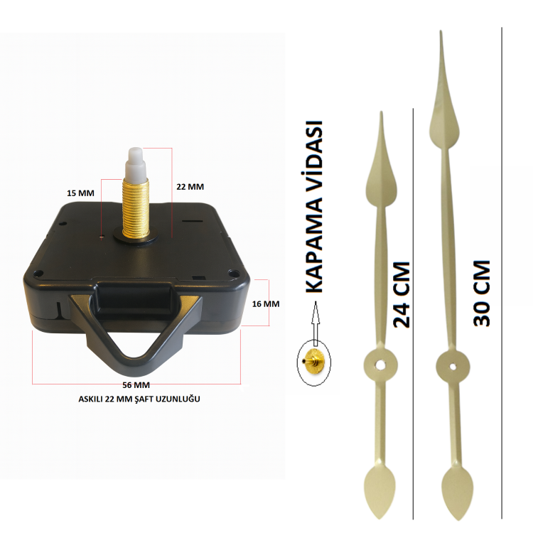 Askılı 22 mm Şaft Akar Sessiz Duvar Saati Mekanizması -Metal akrep-yelkovan-saniye