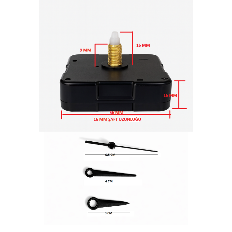 Askısız 16 mm Şaft Akar Sessiz Duvar Saati Mekanizması -Metal akrep-yelkovan-saniye