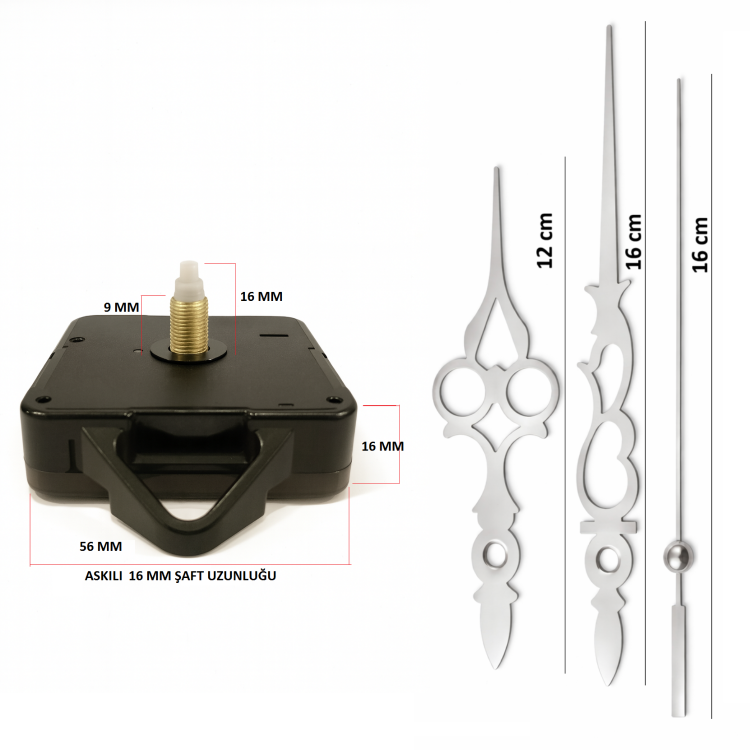Askılı 16 mm Şaft  Akar Sessiz Duvar Saati Mekanizması -Metal akrep-yelkovan-saniye