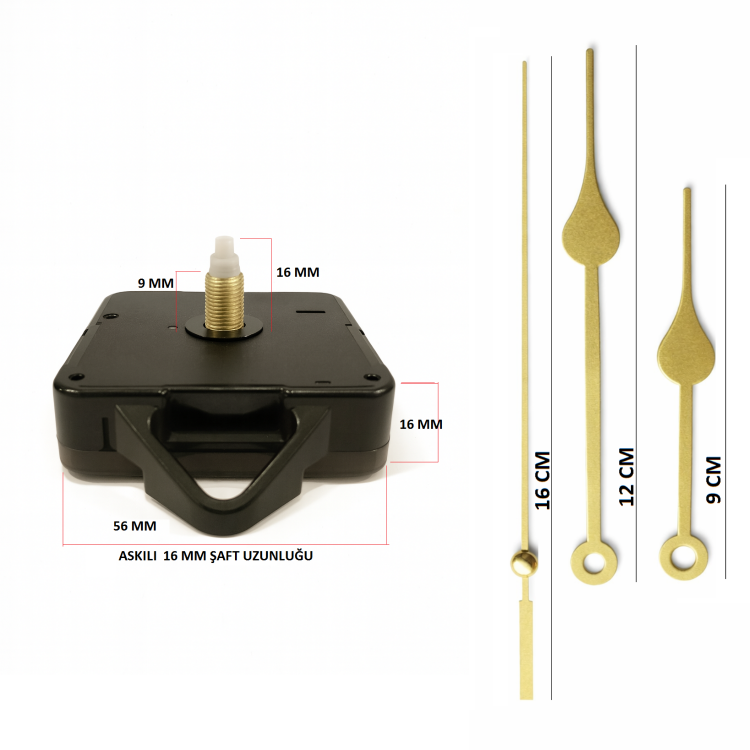 Askılı 16 mm Şaft Akar Sessiz Duvar Saati Mekanizması -Metal akrep-yelkovan-saniye