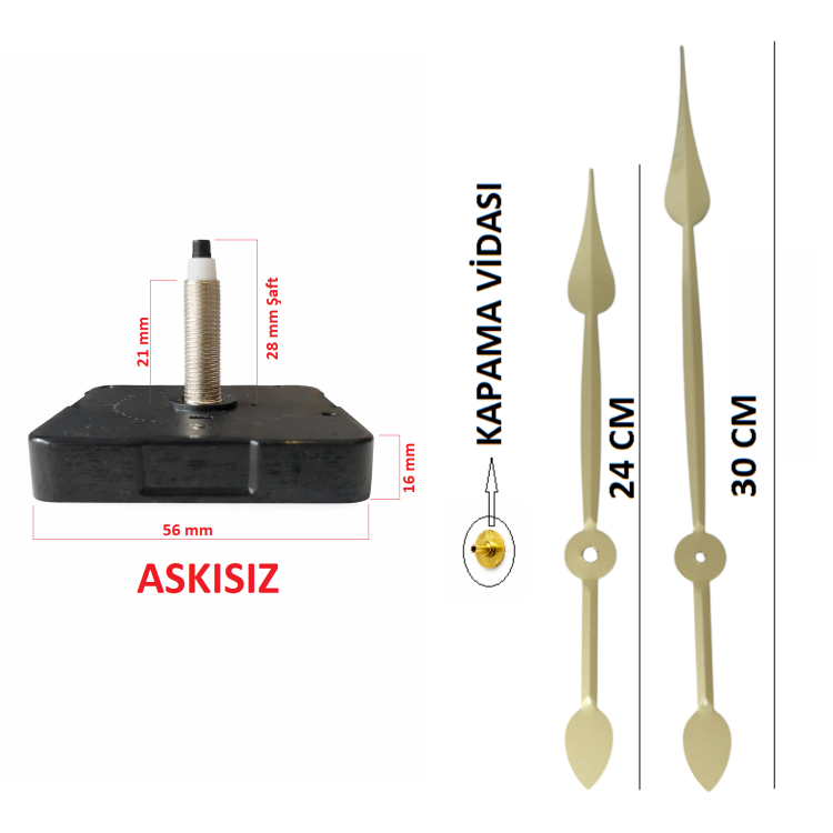 Askısız 28 mm Şaft  Akar Sessiz Duvar Saati Mekanizması -Metal akrep-yelkovan-saniye