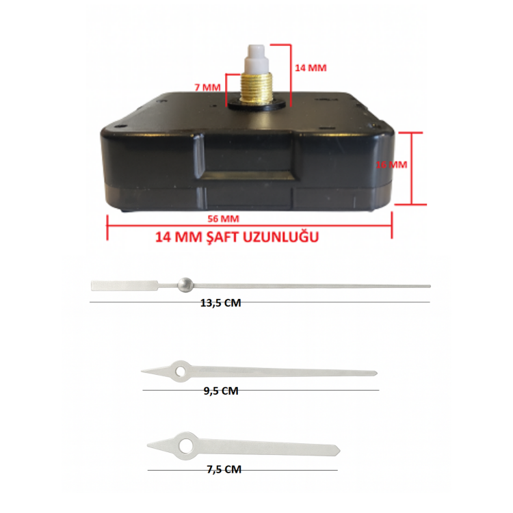 Askısız 14 mm Şaft Akar Sessiz Duvar Saati Mekanizması -Metal akrep-yelkovan-saniye