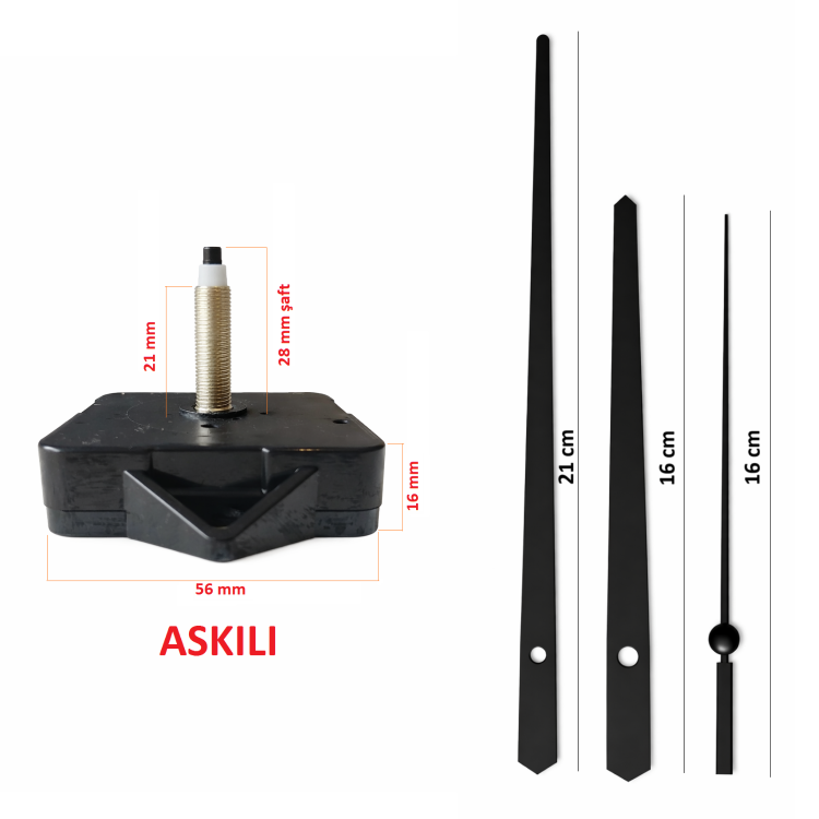 Askılı 28 mm Şaft Akar Sessiz Duvar Saati Mekanizması -Metal akrep-yelkovan-saniye