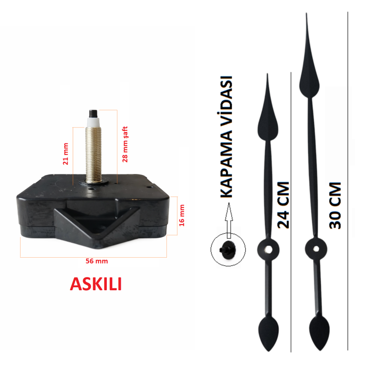 Askılı 28 mm Şaft Akar Sessiz Duvar Saati Mekanizması -Metal akrep-yelkovan-saniye