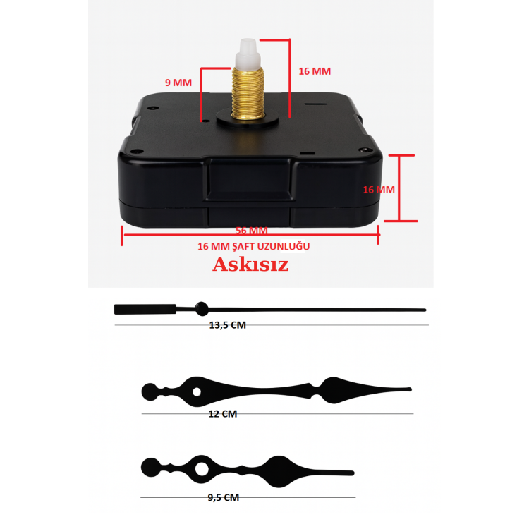 Askısız 16 mm Şaft Akar Sessiz Duvar Saati Mekanizması -Metal akrep-yelkovan-saniye