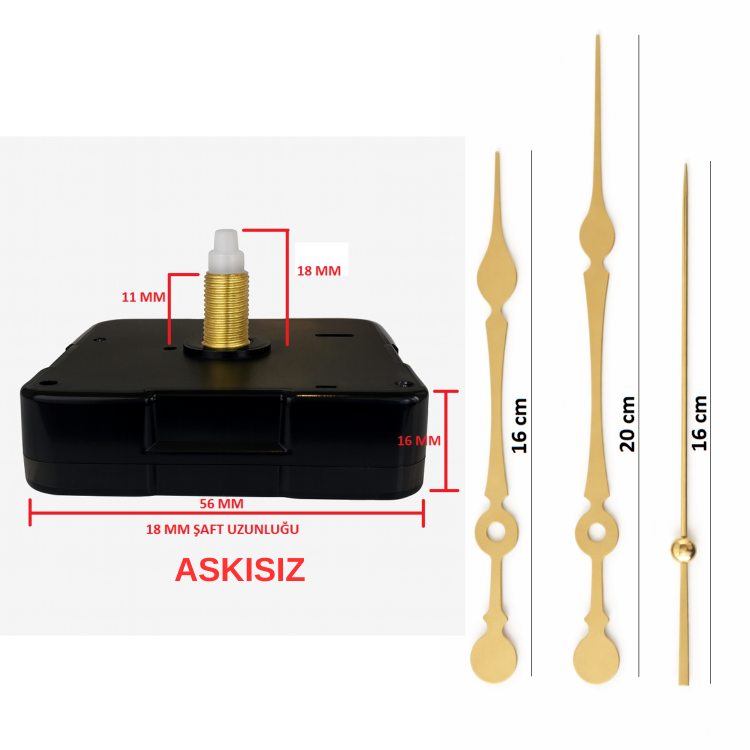 Askısız 18 mm Şaft Akar Sessiz Duvar Saati Mekanizması -Metal akrep-yelkovan-saniye