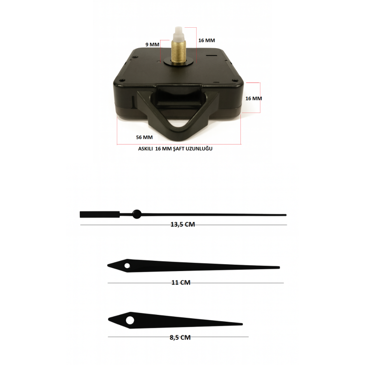 Askılı 16 mm Şaft  Akar Sessiz Duvar Saati Mekanizması -Metal akrep-yelkovan-saniye