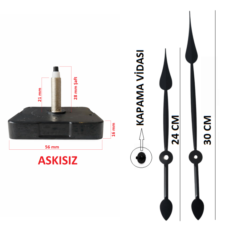 Askısız 28 mm Şaft  Akar Sessiz Duvar Saati Mekanizması -Metal akrep-yelkovan-saniye