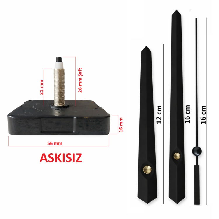 Askısız 28 mm Şaft Akar Sessiz Duvar Saati Mekanizması -Metal akrep-yelkovan-saniye