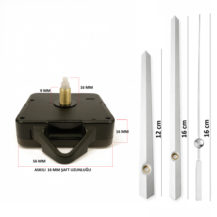 Askılı 16 mm Şaft  Akar Sessiz Duvar Saati Mekanizması -Metal akrep-yelkovan-saniye