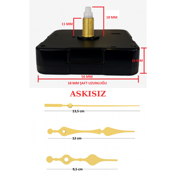 Askısız 18 mm Şaft Akar Sessiz Duvar Saati Mekanizması -Metal akrep-yelkovan-saniye