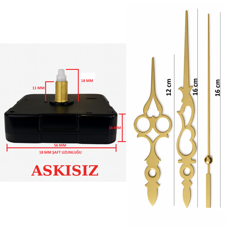 Askısız 18 mm Şaft Akar Sessiz Duvar Saati Mekanizması -Metal akrep-yelkovan-saniye