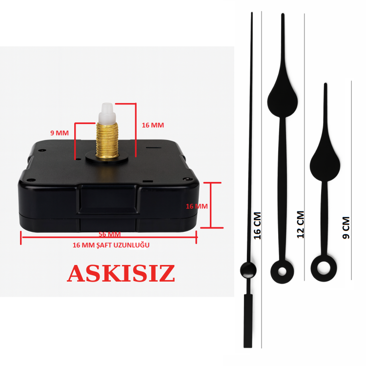 Askısız 16 mm Şaft Akar Sessiz Duvar Saati Mekanizması -Metal akrep-yelkovan-saniye