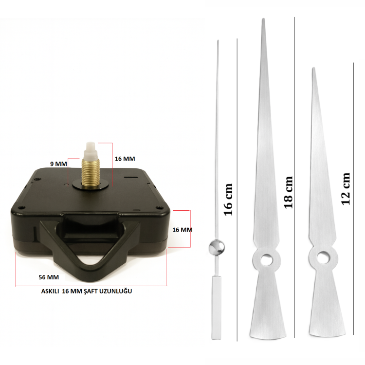 Askılı 16 mm Şaft Akar Sessiz Duvar Saati Mekanizması -Metal akrep-yelkovan-saniye