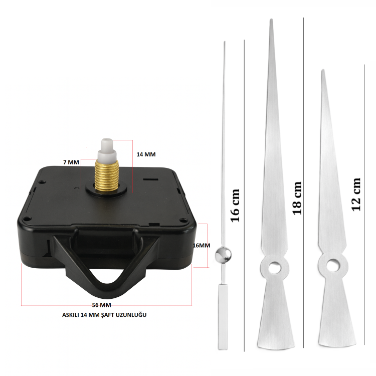 Askılı 14 mm Şaft  Akar Sessiz Duvar Saati Mekanizması -Metal akrep-yelkovan-saniye