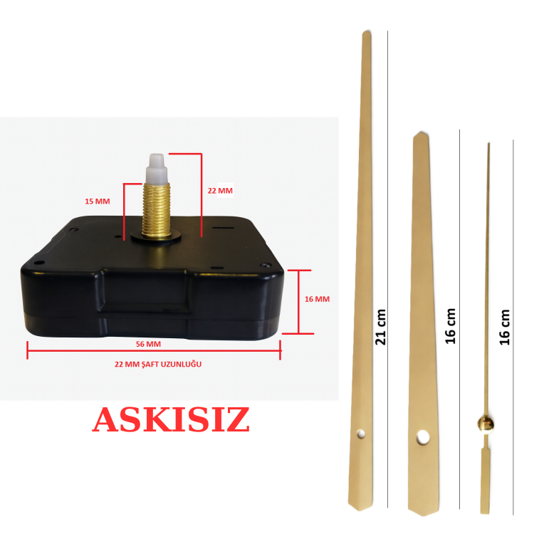 Askısız 22 mm Şaft Akar Sessiz Duvar Saati Mekanizması -Metal akrep-yelkovan-saniye