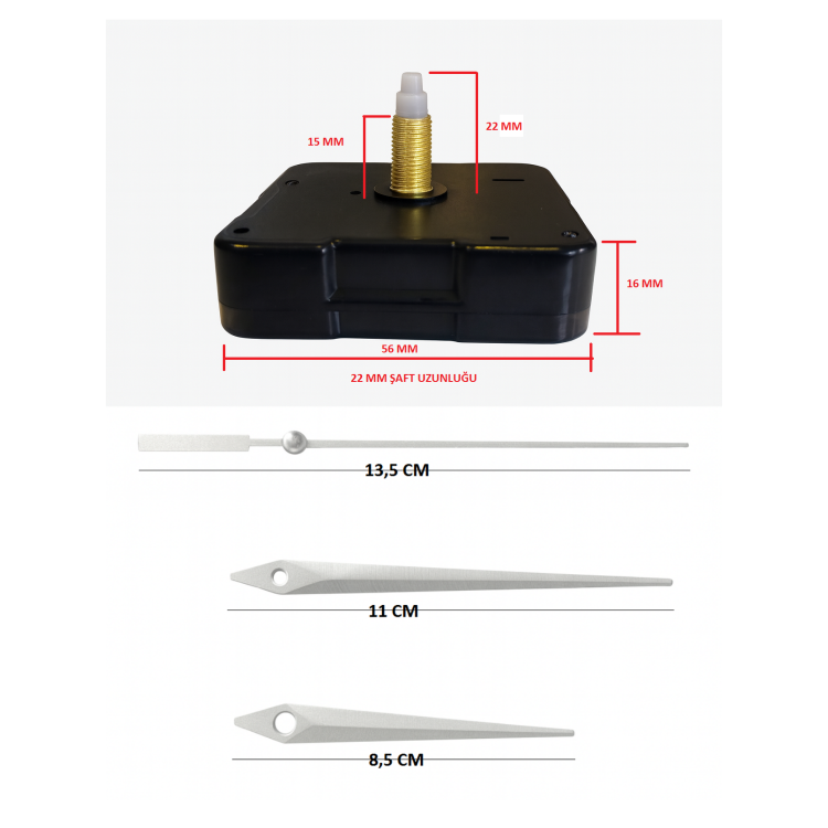 Askısız 22 mm Şaft  Akar Sessiz Duvar Saati Mekanizması -Metal akrep-yelkovan-saniye