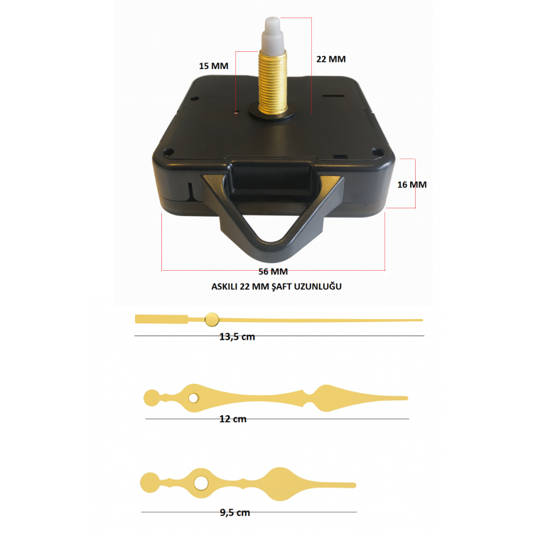 Askılı 22 mm Şaft Akar Sessiz Duvar Saati Mekanizması -Metal akrep-yelkovan-saniye