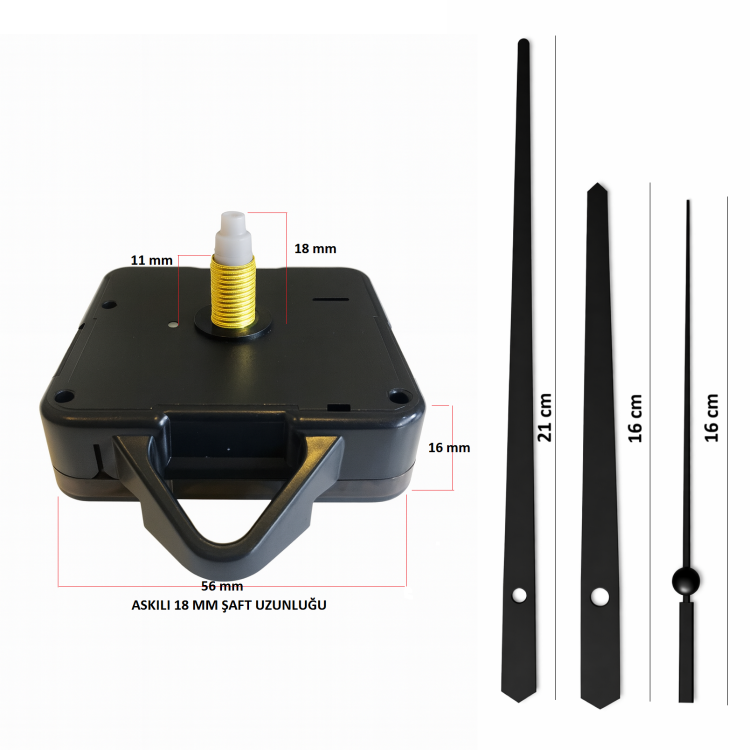 Askılı 18 mm Şaft Akar Sessiz Duvar Saati Mekanizması -Metal akrep-yelkovan-saniye