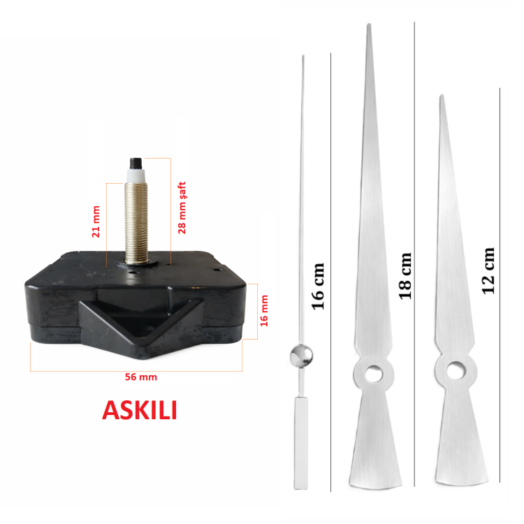 Askılı 28 mm Şaft Akar Sessiz Duvar Saati Mekanizması -Metal akrep-yelkovan-saniye
