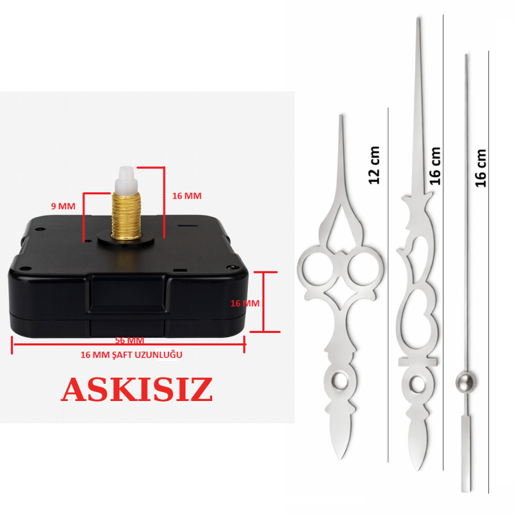 Askısız 16 mm Şaft Akar Sessiz Duvar Saati Mekanizması -Metal akrep-yelkovan-saniye