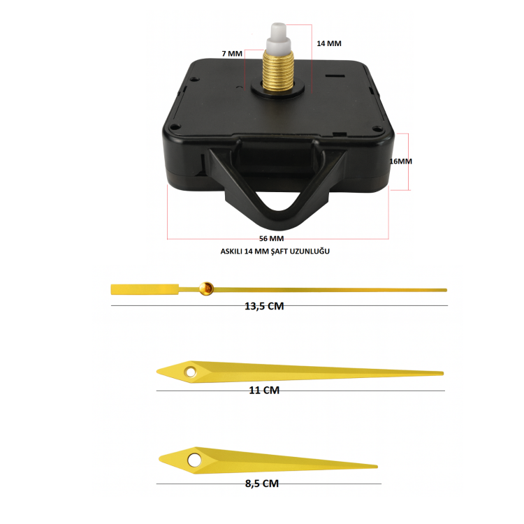 Askılı 14 mm Şaft Akar Sessiz Duvar Saati Mekanizması -Metal akrep-yelkovan-saniye