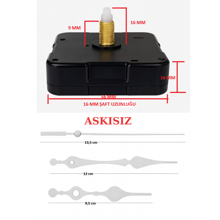 Askısız 16 mm Şaft Akar Sessiz Duvar Saati Mekanizması -Metal akrep-yelkovan-saniye