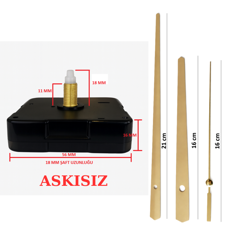 Askısız 18 mm Şaft Akar Sessiz Duvar Saati Mekanizması -Metal akrep-yelkovan-saniye