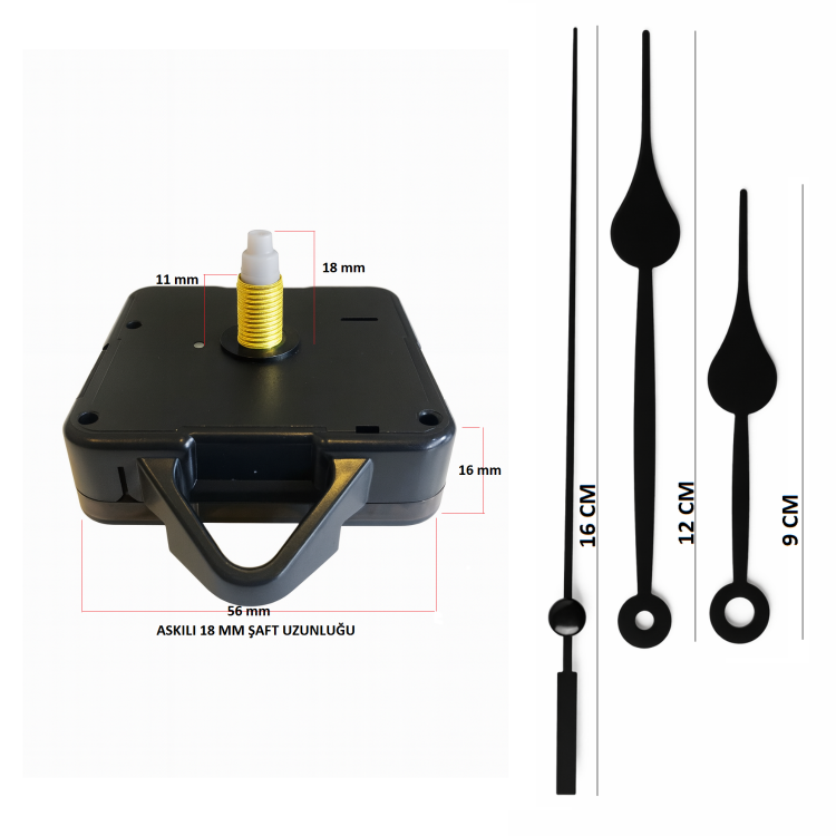 Askılı 18 mm Şaft Akar Sessiz Duvar Saati Mekanizması -Metal akrep-yelkovan-saniye