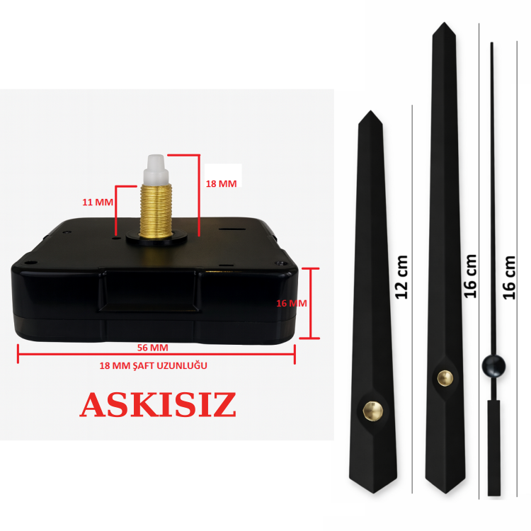 Askısız 18 mm Şaft  Akar Sessiz Duvar Saati Mekanizması -Metal akrep-yelkovan-saniye