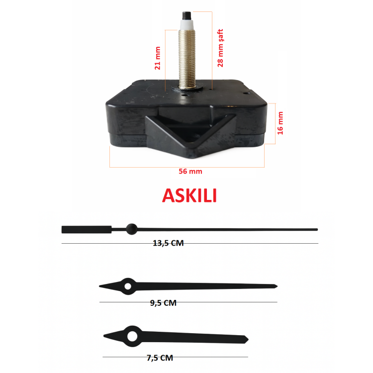 Askılı 28 mm Şaft Akar Sessiz Duvar Saati Mekanizması -Metal akrep-yelkovan-saniye
